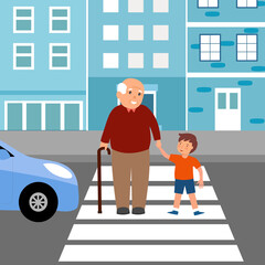 Happy boy child helping grandfather crossing street in flat design. Kids assist senior man at crosswalk concept vector illustration.