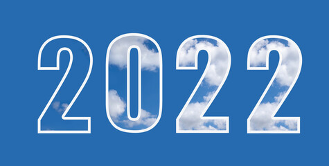 Numbers 2022 with texture of white cloud on an isolated blue background. Concept of welcome to new year