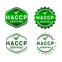 HACCP Certified label. Hazard Analysis Critical Control Points. With check icon. On gradient green and white color. Premium and luxury button template
