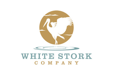Flying Stork Heron Bird on River lake Creek Sunset logo design
