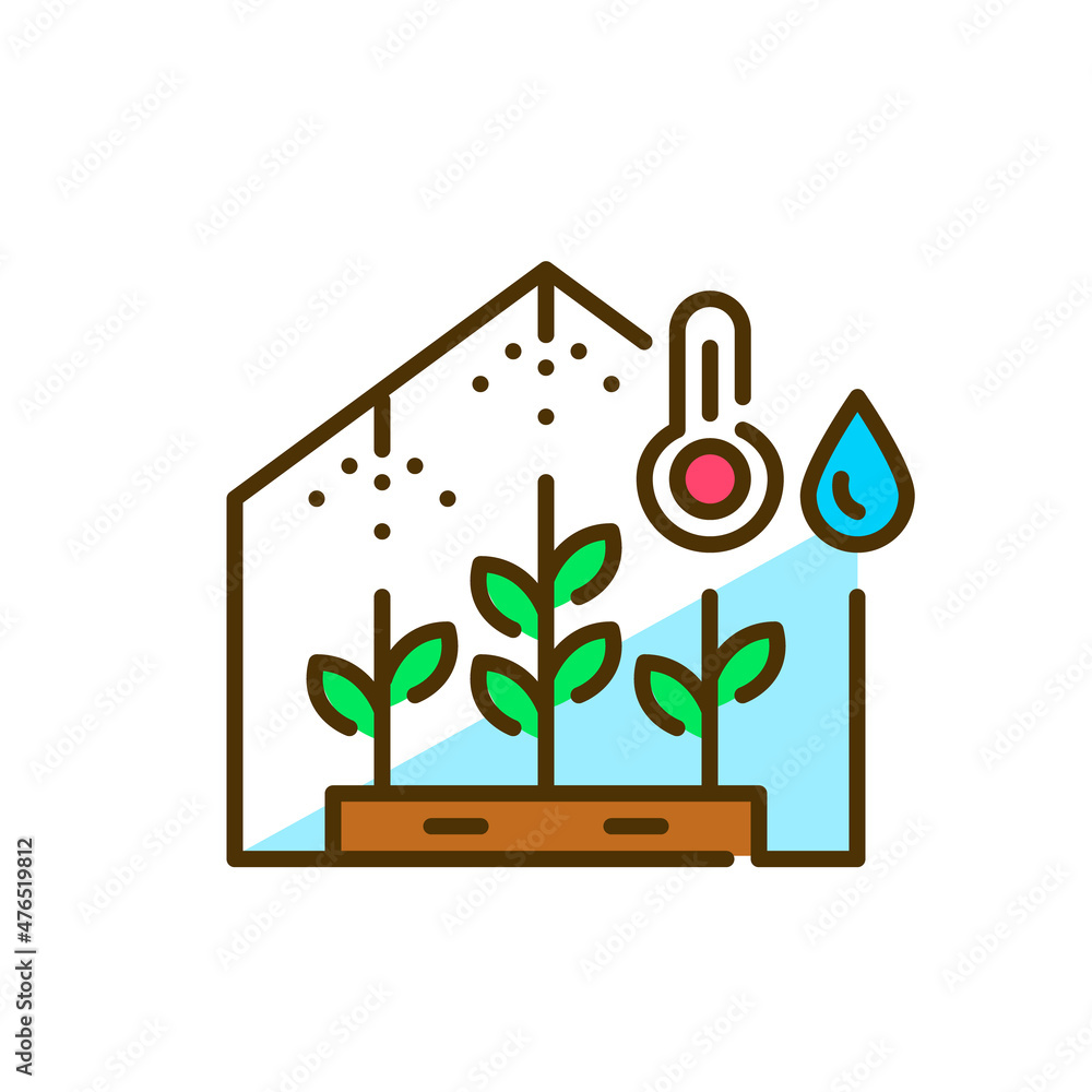 Poster greenhouse using smart farming control of humidity and temperature. pixel perfect, editable stroke c