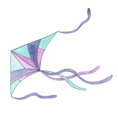 Watercolor hand drawn paper kite toy illustration.  Isolated clipart element on white background.
