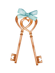 A pair of keys tied with a ribbon. watercolor clipart for valentines day. Isolated clipart element on white background.