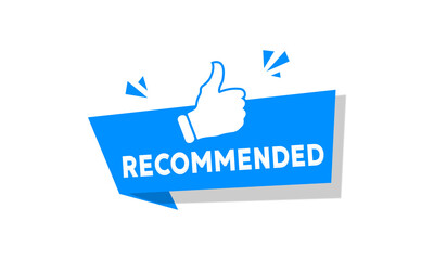  'Recommended' banner, blue tag , thumb up like symbol, social