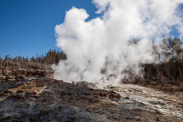 Steamboat Geyser at Norris Geyser Basin in summer, Yellowstone National Park Wyoming hot springs.
