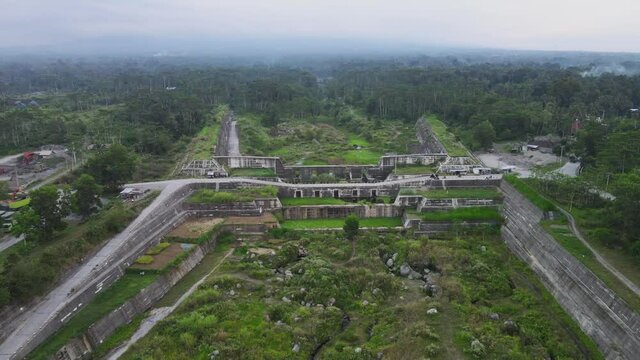 Aerial video of the sabo dam of the Gendol river, Yogyakarta, Indonesia.