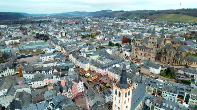 Aerial view of Hauptmarkt, Cathedral of Trier and Christmas market