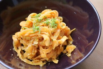 Pasta bolognese. Traditional italian dish of pasta on a ceramic bowl. top view.