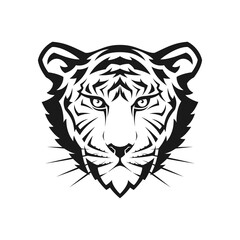 Vector tiger head, straight face silhouette design for logo, emblem, tattoo, sticker, t-shirt. Isolated on white background. Happy new year 2022. Year of tiger.