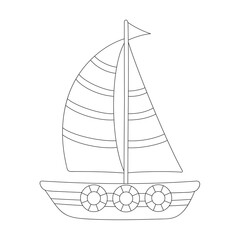 Vector black and white contour picture of a cute ship with sails on a white background. Coloring book pages for kids.