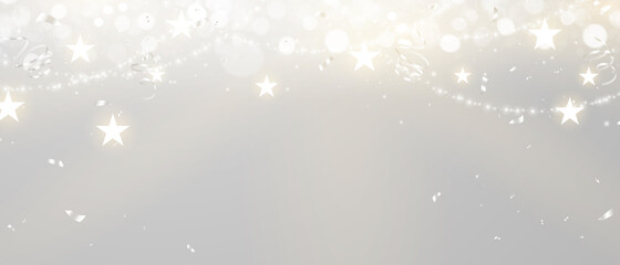 Star of celebration. Dim lights. Ribbon. Greeting card. Gray background. christmas greetings New year greetings.