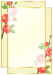 椿の水彩画、和風の飾りフレーム／Camellia watercolor painting, Japanese style decorative frame