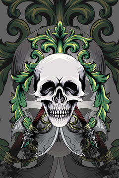 Skull with ax ornament vector illustration