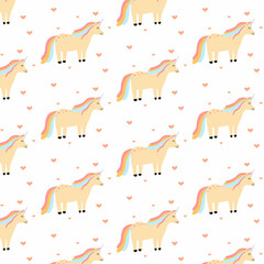 Vector seamless pattern with unicorn and hearts. Childish pattern with a cute unicorn.