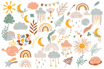 Set of cute boho baby objects in Scandinavian style. Boho style nursery decoration.Vector hand drawn boho clipart for nursery decoration with cute rainbows and moon, sun, cloud. © Евгения Крупель