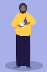 vector illustration - a muslim girl in a hijab holds a smartphone and juice in her hands. trend illustration in flat style