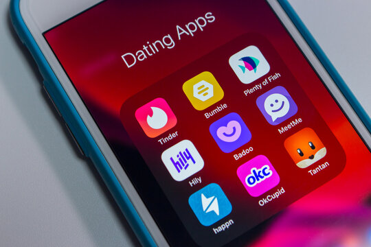Kumamoto, Japan - May 7 2020 : Tinder and popular online dating apps (Bumble, Plenty of Fish, Hily, Badoo, MeetMe, Happn, OkCupid and Tantan) on iPhone