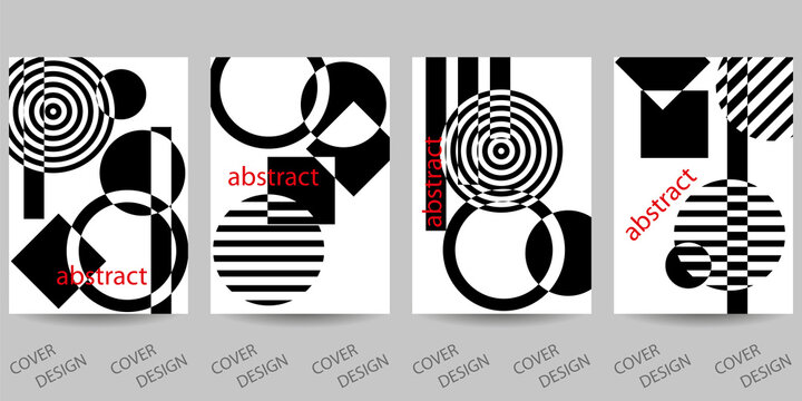 Black and white minimal geometric backgrounds set.Striped geometric pattern with visual distortion effect.  For printing on covers, banners, sales, flyers. Modern design. Vector.