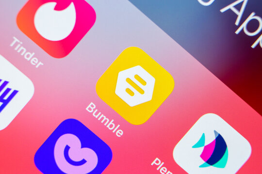 Kumamoto, Japan - May 7 2020 : Bumble, a location-based social app that facilitates communication between interested users by by Whitney Wolfe Herd (co-founder of Tinder), on iOS.