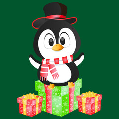 Cute Penguin for Christmas day. Merry Christmas and New year card. Cute  Penguin with Christmas gifts  on a green background.