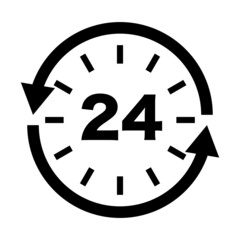 Clock icon about 24 hour business. Vector.