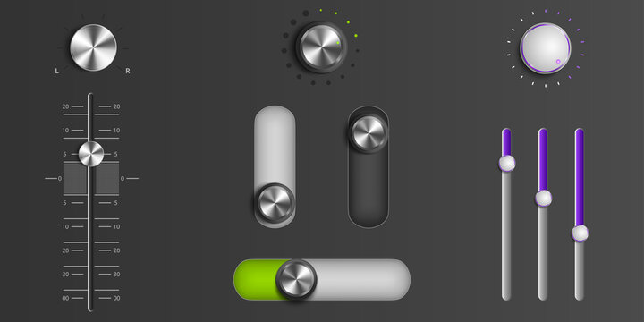 Sound mixer sliders and control knobs with dial. Vector realistic set of music studio panel or dj console, 3d metal audio tuners, faders and round switch isolated on dark background