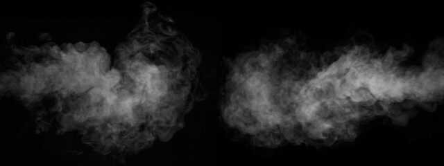 White horizontal smoke collection on black background. Fog or smoke set isolated on black background. White cloudiness, mist or smog background.