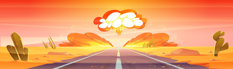 Atomic bomb explosion in desert. Concept of atom war, nuke blast. Vector cartoon illustration of sand desert landscape with road, cactuses and mushroom cloud of nuclear explode with fire and smoke