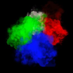 Explosion of red, green and blue powder on black background. Illustration
