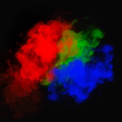 Explosion of red, green and blue powder on black background. Illustration
