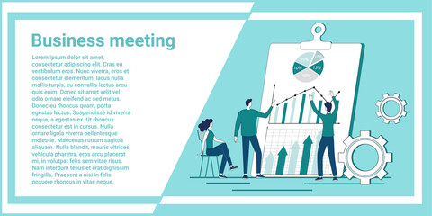 Business meeting.People on the background of graphs and diagrams solve business problems..An illustration in the style of a green landing page.