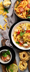 Pasta assortment on gray background.