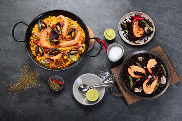 Seafood Paella on gray background.