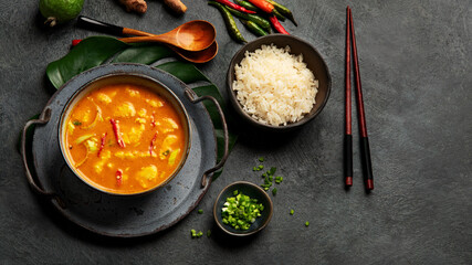 Yellow curry with chicken in bowl on dark background.