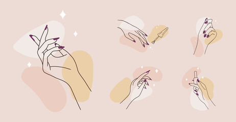 Hand skin care. Manicure, massage and paraffin therapy. Vector Illustration of elegant female hands in a trendy minimalist style. Beauty logo for nail studio or spa salon. - obrazy, fototapety, plakaty