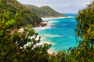 Fototapeta premium View from the Mt Defiance Lookout on the Great Ocean Road between Lorne and Apollo Bay - Separation Creek, Victoria, Australia