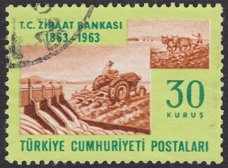 Plowing, agricultural industry. National Agricultural Bank, stamp in Turkey 1963