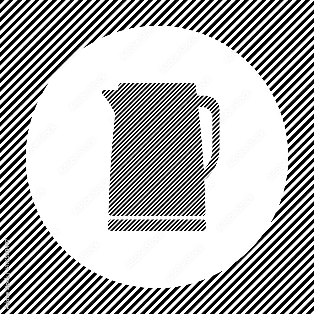 Poster A large kettle symbol in the center as a hatch of black lines on a white circle. Interlaced effect. Seamless pattern with striped black and white diagonal slanted lines