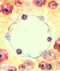 Watercolor bouquet of flowers, willow, chamomile, burnet, wild onion, wildflower, branch with berry. abstract splash of paint. fashion illustration. field or garden flowers. Place for design, text. 