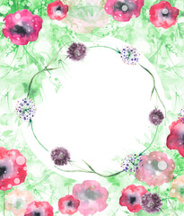 Watercolor bouquet of flowers, willow, chamomile, burnet, wild onion, wildflower, branch with berry. abstract splash of paint. fashion illustration. field or garden flowers. Place for design, text. 