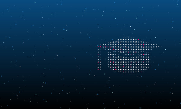 On the right is the square academic cap symbol filled with white dots. Background pattern from dots and circles of different shades. Vector illustration on blue background with stars