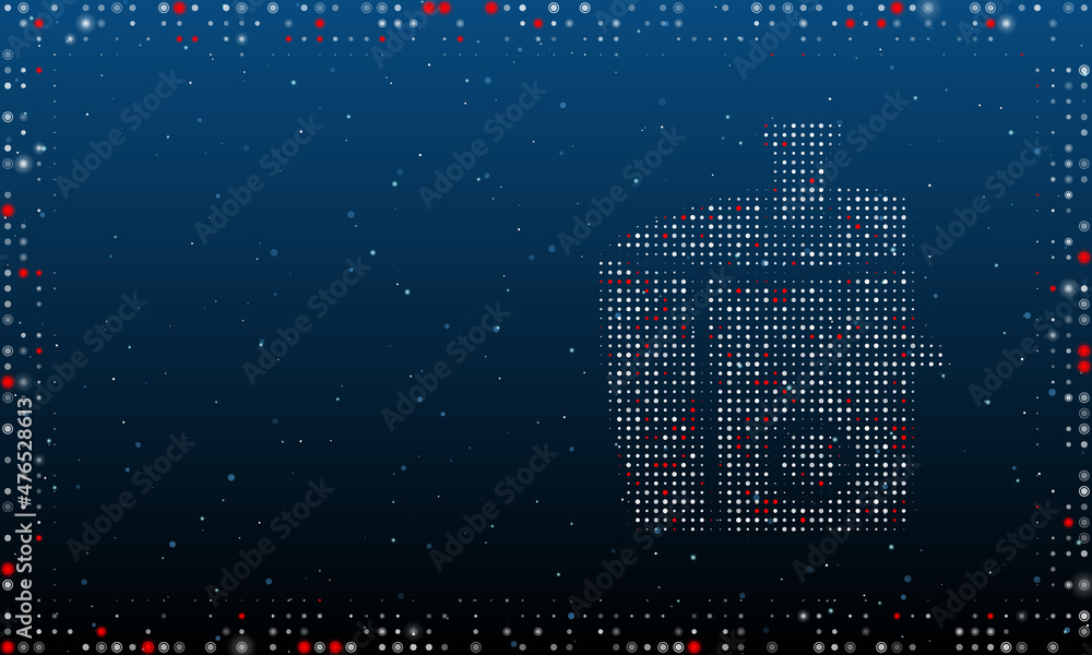 Poster on the right is the juicer symbol filled with white dots. pointillism style. abstract futuristic fra