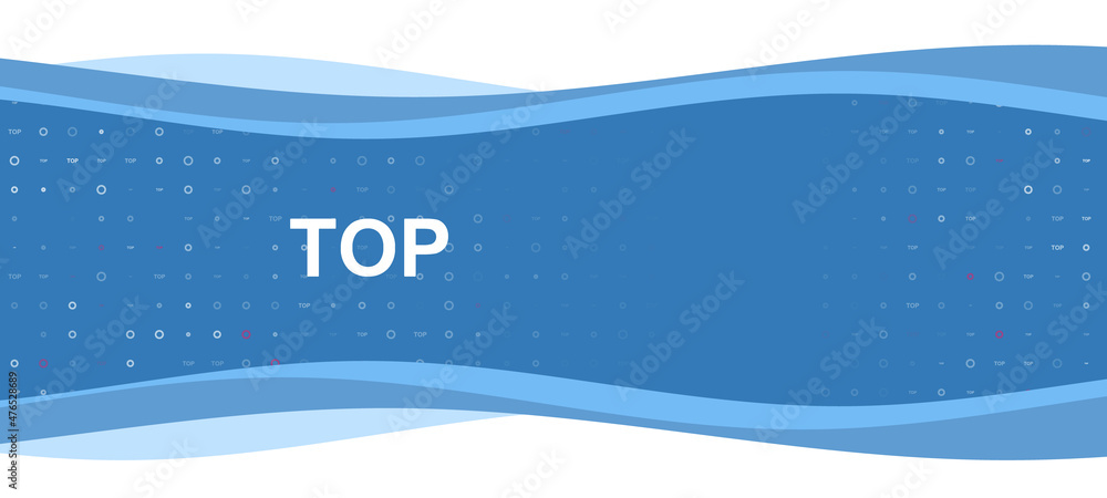 Poster blue wavy banner with a white top symbol on the left. on the background there are small white shapes