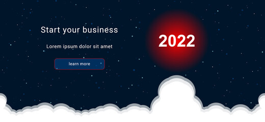 Business startup concept Landing page screen. The 2022 year symbol on the right is highlighted in bright red. Vector illustration on dark blue background with stars and curly clouds from below