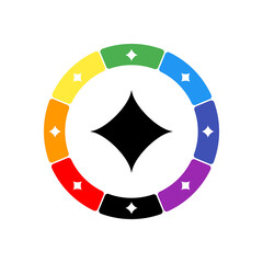 A large black star symbol in the center, surrounded by eight white symbols on a colored background. Background of seven rainbow colors and black. Vector illustration on white background