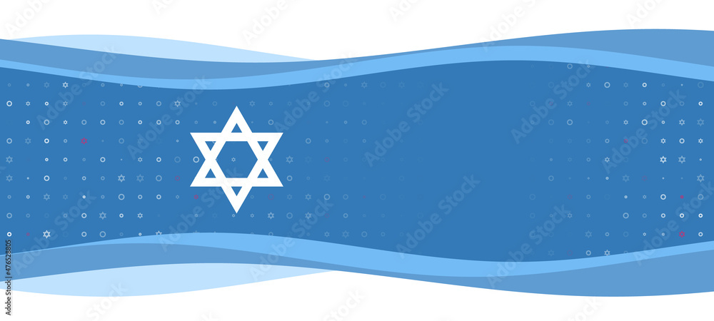 Poster Blue wavy banner with a white star of David symbol on the left. On the background there are small white shapes, some are highlighted in red. There is an empty space for text on the right side