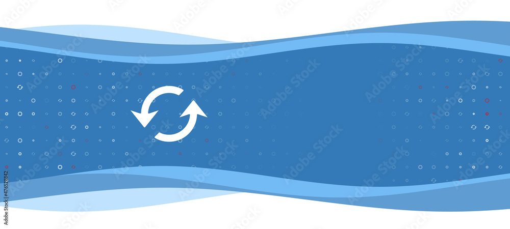 Poster blue wavy banner with a white refresh symbol on the left. on the background there are small white sh