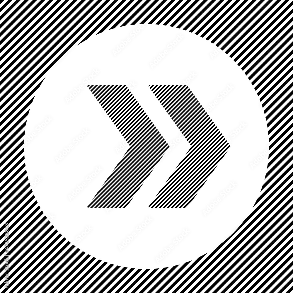 Poster a large double arrow symbol in the center as a hatch of black lines on a white circle. interlaced ef