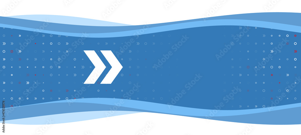 Poster blue wavy banner with a white double arrow symbol on the left. on the background there are small whi
