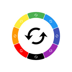 A large black refresh symbol in the center, surrounded by eight white symbols on a colored background. Background of seven rainbow colors and black. Vector illustration on white background